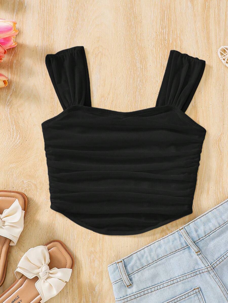 Tween Girls Cute Summer Sweetheart Collar Romatic Solid Ruched Wide Strap Top,French Elegance - Black - View 1