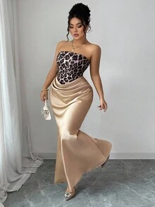 Elenzga 万圣节豹纹无袖紧身连衣裙，优雅迷人的豹纹连衣裙，适合音乐节和派对 - 卡其色 - 查看 4