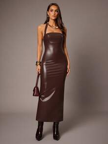 Silquee Vestido ajustado y sexy sin mangas con cuello halter y espalda descubierta, versátil - Marrón - Ver 7