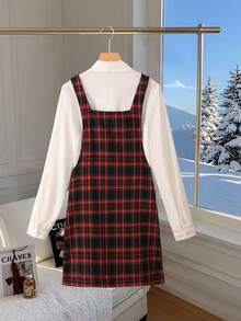 Franclia 法式复古格子吊带连衣裙搭配休闲蝴蝶结长袖衬衫，女春秋套装 - 白色 - 查看 2