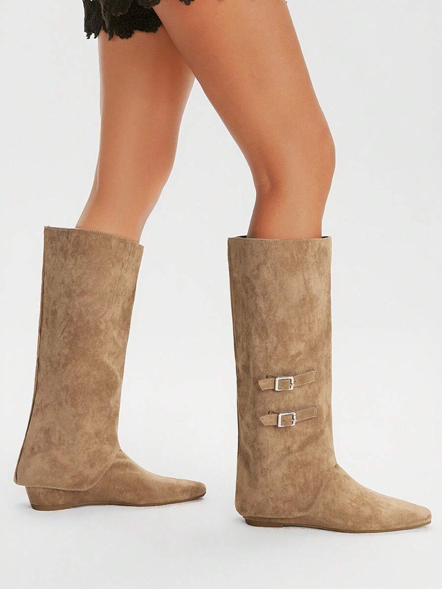 Styleloop Botas altas de rodilla planas de estilo retro y casual para mujer - Marrón - Ver 1