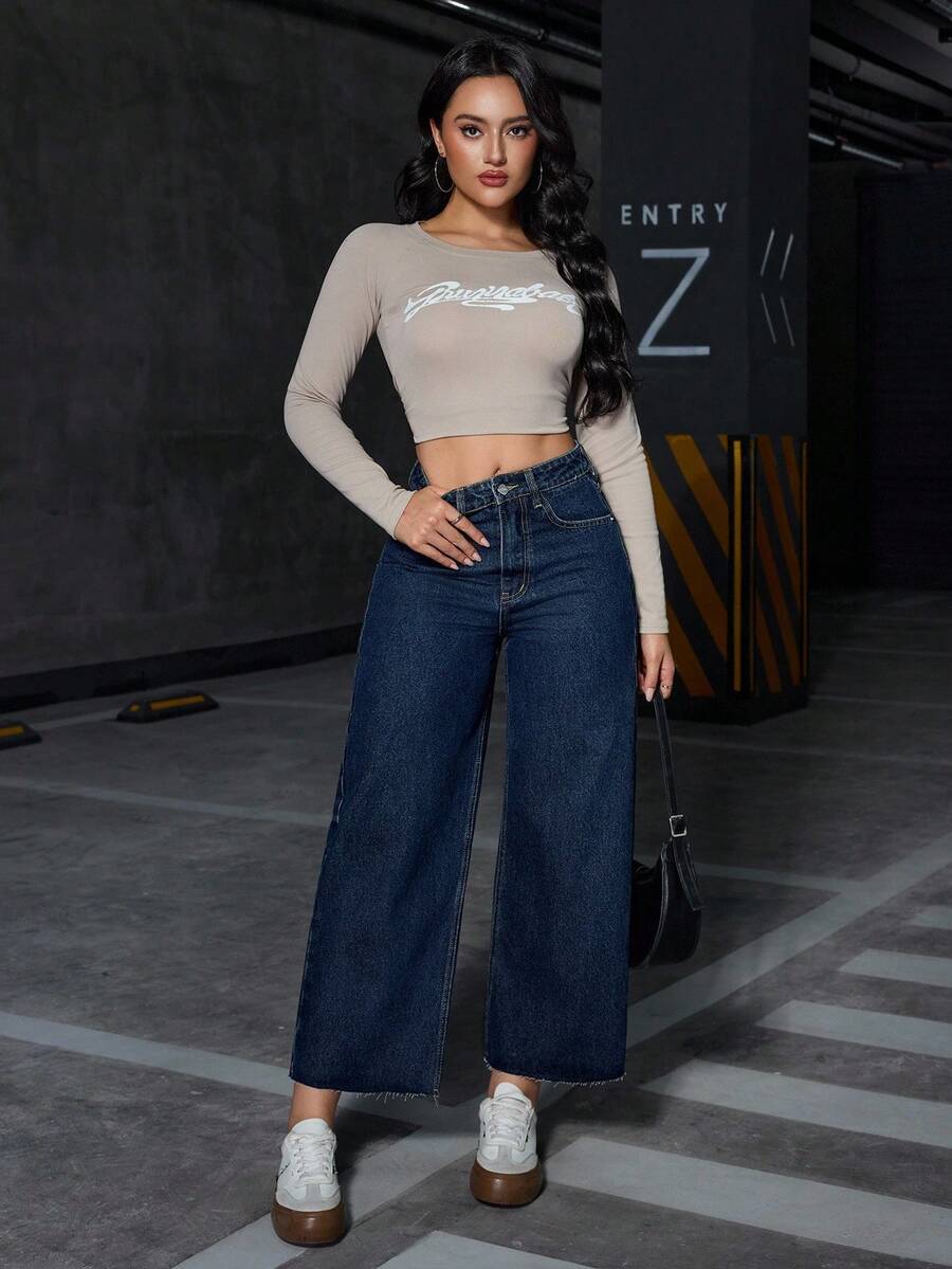 Jeanoix 女式休闲宽松磨边牛仔裤 - 深色水洗藍 - 查看 1