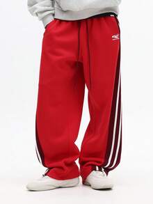 SUMWON 高级冬季运动裤，宽松版型，撞色侧条纹，抽绳腰带，舒适抓绒，带侧袋，纯色 - 紅色 - 查看 4