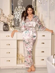 LuxeNights 女士新款优雅奢华七分袖短款睡袍和裤子睡衣套装，秋冬秋季服装 - 彩色 - 查看 2
