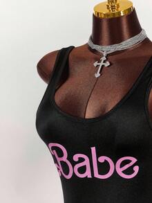 Amplova Shiny Fabric Sexy Plunging Neckline Women's Bodysuit Rave Bodysuit Women Bodysuit - Black - View 4