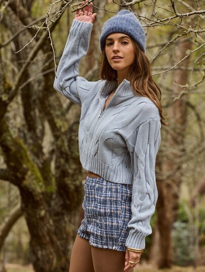 Aralina Suéter de punto de cable con cremallera, ajuste corto, cálido y acogedor, para mujer en otoño/invierno. Ropa de invierno y atuendo de estilo campestre para otoño.