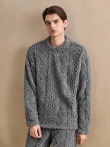 2Pcs Vintage British Style Comfortable Plush Textured Double-Sided Fleece Argyle Pattern Long Sleeve Top And Pants Men's Loungewear Set, Fall/Winter Clothes, Fluffy, Cozy - Dark Grey - View 4