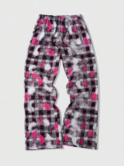 Street Life Men Plaid Drawstring Waist Loose Wide Leg Casual Pants, Fall