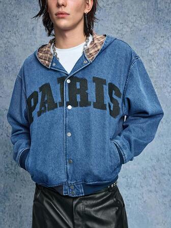 Grunge Punk Men's Autumn Letter Graphic Long Sleeve Single-Breasted Plaid Pocket Hooded Denim Jacket