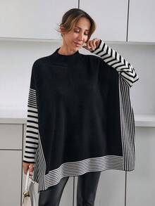 EURMUSE Women Stripe Pattern Round Neck Drop Shoulder Oversize Pullover Oversized Tops Sweaters For Women Plus Oversized Sweatshirt Woman Jumper For Woman Modest Tops For Women - Black - View 6