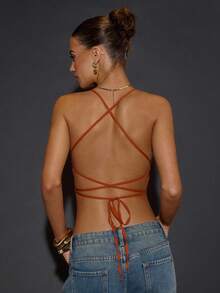 SHEIN BAE 女士性感露背串珠刺绣上衣，适合夜店、音乐节、派对、鸡尾酒会、浪漫约会、万圣节、圣诞节 - 橘色 - 查看 2