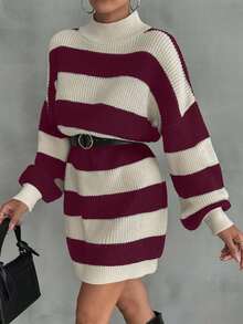 EURMUSE Women Drop Shoulder Sweater Dress With Striped Pattern - Burgundy - View 4