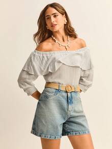 Daynim 高腰牛仔短裤 - 淺色水洗藍 - 查看 3