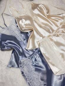 SilkySpell Conjunto de pijama feminino sexy com decote em V profundo, 2 peças, top e shorts, várias peças, adequado para agasalhos, todas as estações - Multicolorido - Ver 5