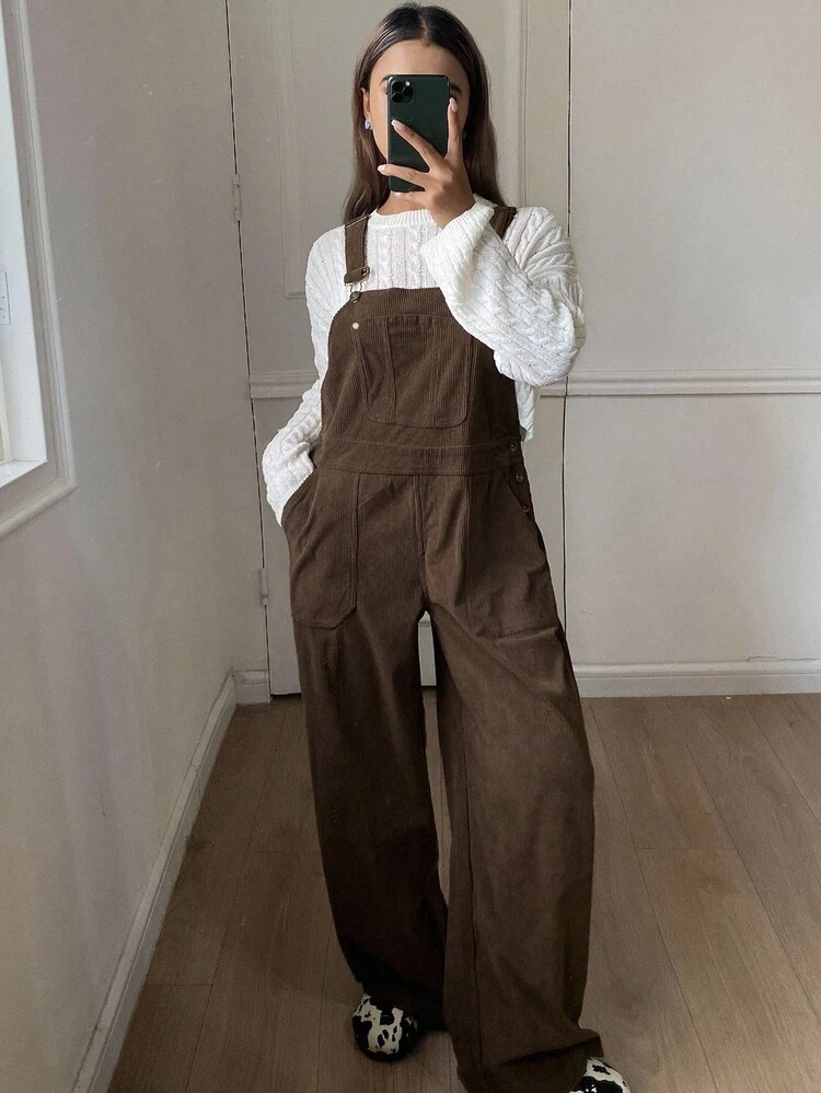 Women's Loose Solid Color Corduroy Overalls With Pockets, Casual Street Style For Autumn/Winter Romper