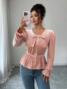 SHEIN Elenzya Blusa elegante y romántica para mujer con volantes, decoración de perlas y ajuste ceñido en la cintura - Rosa Pálido - Ver 6