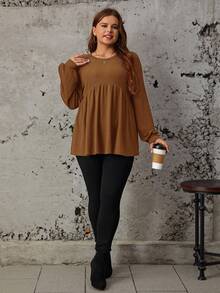 SHEIN LUNE Plus Size Casual Solid Color Ribbed Loose Long Sleeve Shirt, Autumn Brown Blouse Knit T Coffee Top Rust Fall - Mocha Brown - View 5