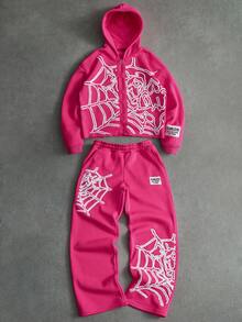 PAVTROS طقم هودي رجالي بطراز الشارع الشعبي INS مطابق للتطريز بنسيج العنكبوت ثلاثي الأبعاد، نسيج عنكبوت داكن للموسيقى الخارجية ومهرجان الليل والنادي الليلي، هدية للصديق أو الزوج في المناسبات والأعياد، ملابس خريف/شتاء