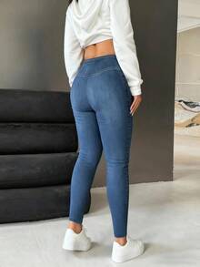 EMERY ROSE 大码女式无缝腰部仿牛仔紧身裤 - 浅蓝色水洗弹力瑜伽裤，适合休闲健身，高腰收腹修身裤