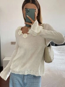 DAZY Suéter de manga larga con cuello redondo y decoración floral 3D para mujer, otoño/invierno - Blanco - Ver 6