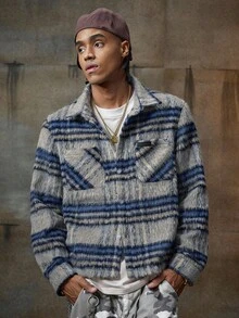 AXEPEAK Men Striped Button-Down Long Sleeve Shirt, Fall - Blue - View 5