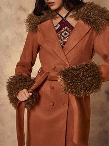 Chiquease Women's Elegant Faux Fur Collar Lined Tie-Up Jacket, Autumn/Winter - Brown - View 5