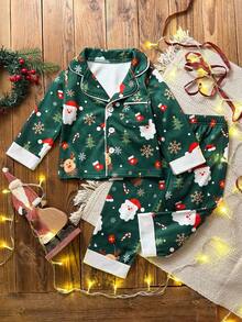 2 件套幼儿男童圣诞主题休闲宽松长袖开衫和裤子睡衣套装 - 綠色 - 查看 1
