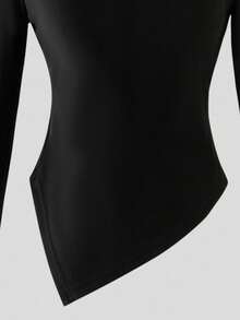 Conjunto de 2 piezas de mujer con blusa negra de manga larga asimétrica con hombros descubiertos y falda de burbujas con flores 3D, para vacaciones - Negro - Ver 8