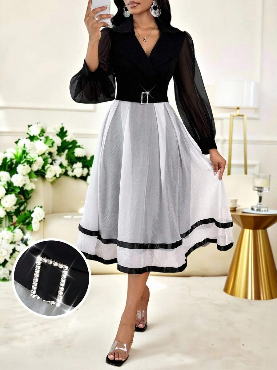 SHEIN Lady Váy dài tay cổ chữ V màu tương phản cho nữ - Đen và trắng - Xem 1