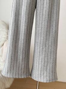 Girls' Casual Solid Color Knitted Brushed Ribbed Composite Fleece Thickened Waist Fixed 3D Bowknot Belt Soft & Comfortable Pants Set, Autumn/Winter Fall