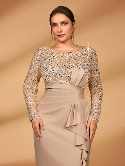 Serin 加大码优雅奢华珍珠亮片拼接缎面褶饰荷叶边下摆开衩鱼尾裙，适合婚礼、活动、派对、度假、庆典、新娘母亲礼服