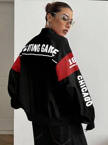 StreetHx Petite 字母印花撞色落肩飞行员夹克，适合新年服装