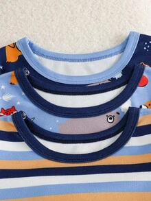 Conjunto de 6 piezas de pijama de manga larga con estampado de rayas de oso y zorro, cómodo y de alta elasticidad para niños pequeños, para otoño/invierno