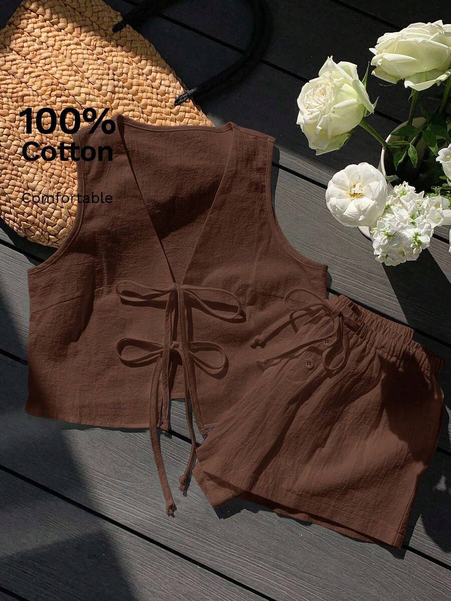 Comfortcana Bộ 2 áo thun không tay buộc dây màu trơn đơn giản dành cho nữ và quần short dây rút - màu nâu - Xem 1