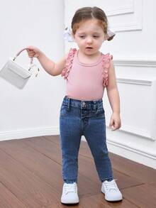 SHEIN 女婴时尚休闲弹力斜口袋水洗牛仔裤 - 深色水洗藍 - 查看 5