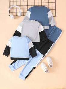 SHEIN Playful Pals 3件組男嬰休閒套裝 藍白條紋拼接運動衫&彈性長褲 6個月至3歲男童秋季度假服飾 - 彩色 - 查看 2