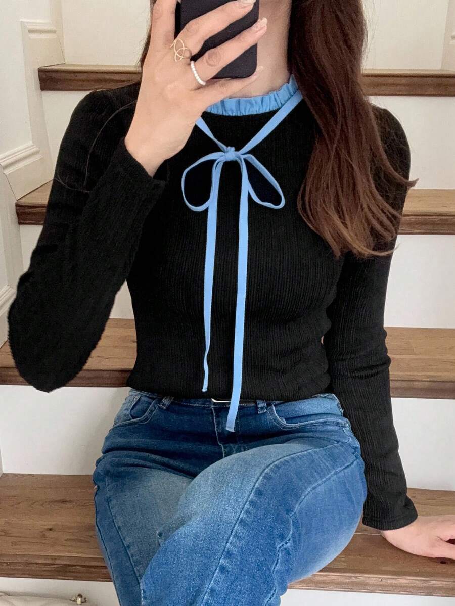 FRIFUL 女士圆领紧身蝴蝶结领修身甜美T恤长袖上衣 - 黑色 - 查看 1