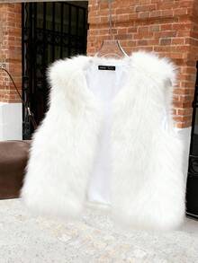 Attitoon 女式休闲开襟无袖人造毛皮夹克，适合秋冬季 - 白色 - 查看 3