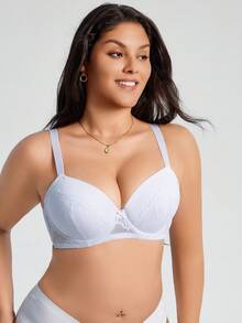SHEIN 1 pieza Sujetador con aros de encaje francés romántico y cómodo para mujer de talla grande con diseño minimalista - Blanco - Ver 7