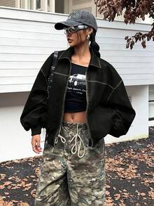 SHEIN EZwear 女式复古水洗 PU 皮革前拉链长袖休闲夹克，黑色秋冬女装 - 黑色 - 查看 4