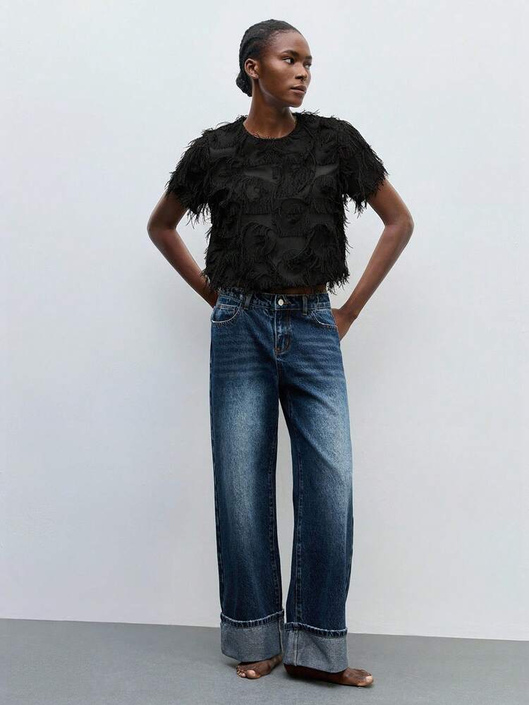 SHEIN Maija 女性用カジュアル 無地 フェイクファー装飾 ラウンドネック 半袖Tシャツ、通勤に優雅、秋のカジュアルビジネスウェア、パーティー、オフィス、セントパトリックデー、イースター、パーティートップ、ホリデー、ビーチバケーション、夏、外出、卒業式