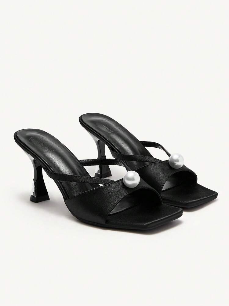 CUCCOO CHICEST Women's Fashion Black Pearl Decorated Satin Texture High Heel Sandals, Sexy Ladies High Heel Slippers