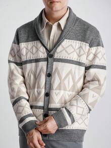 Manfinity CityGents Cárdigan de hombre con patrón geométrico de bloques de color, otoño/invierno - Gris - Ver 7