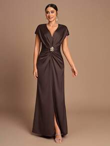 SHEIN Belle Elegant Romantic Coffee Color Pleated Short Sleeve A-Line Split Bridesmaid Dress