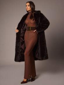 Silquee Women's Elegant Dark Brown Faux Fur Collar Long Fur Coat,Winter Luxury Solid Color Long Sleeve Fluffy Loose Fashion Design For Dinner Date Parties - Brown - View 8