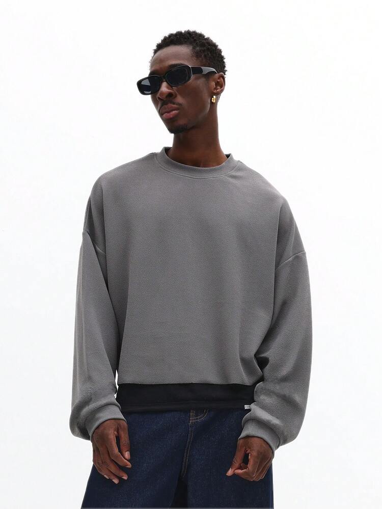 Textured Crew Neck Sweatshirt With Ribbed Panels