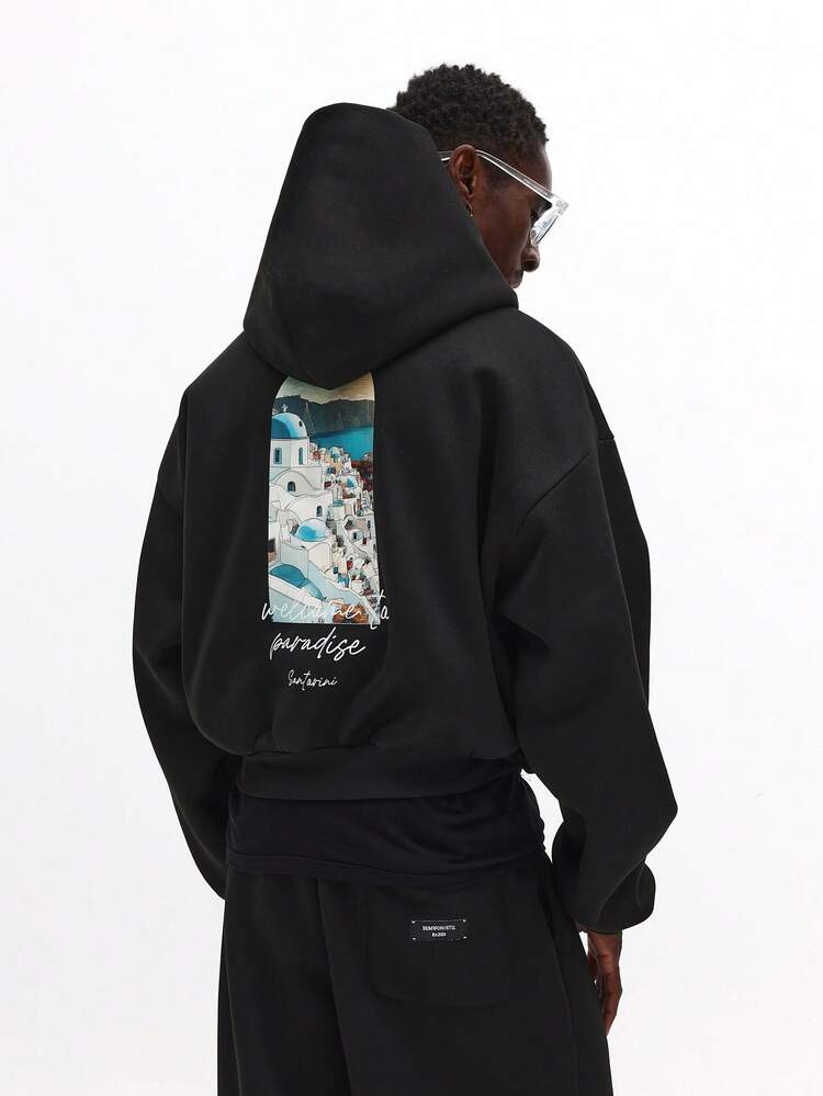 Oversized Drawstring Hoodie With Santorini Landscape Print