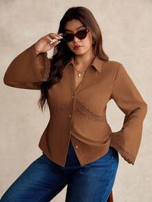 Elaquor Kemeja Lengan Panjang Polos Ukuran Besar/Musim Gugur/Musim Dingin Blus Cokelat Ukuran Besar Kemeja Kancing Depan Cokelat untuk Wanita - Coklat - View 6