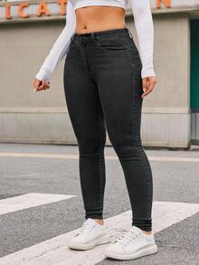 SHEIN ICON 大码休闲水洗低腰修身牛仔裤 - 深灰色 - 查看 6