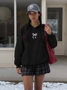 Leopard Print Butterfly Applique Hoodie Sweatshirt, Casual For Teen Girls - Black - View 1